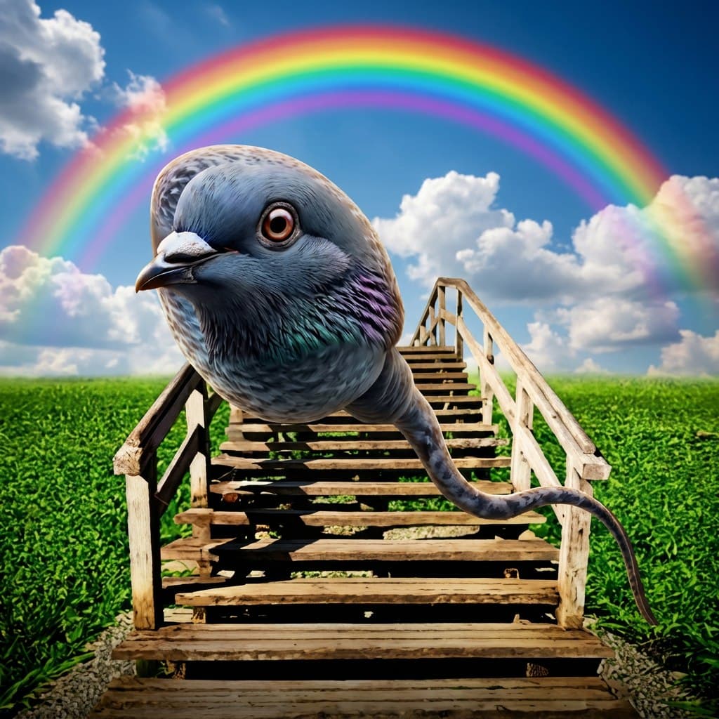 A wooden staircase ascending toward a rainbow over green fields.